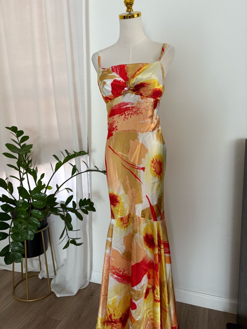Floral Abstract Satin Maxi Dress in Yellow-Red
